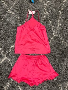 Women’s Hot Pink Satin Cami & Ruffle Short Sleep Set